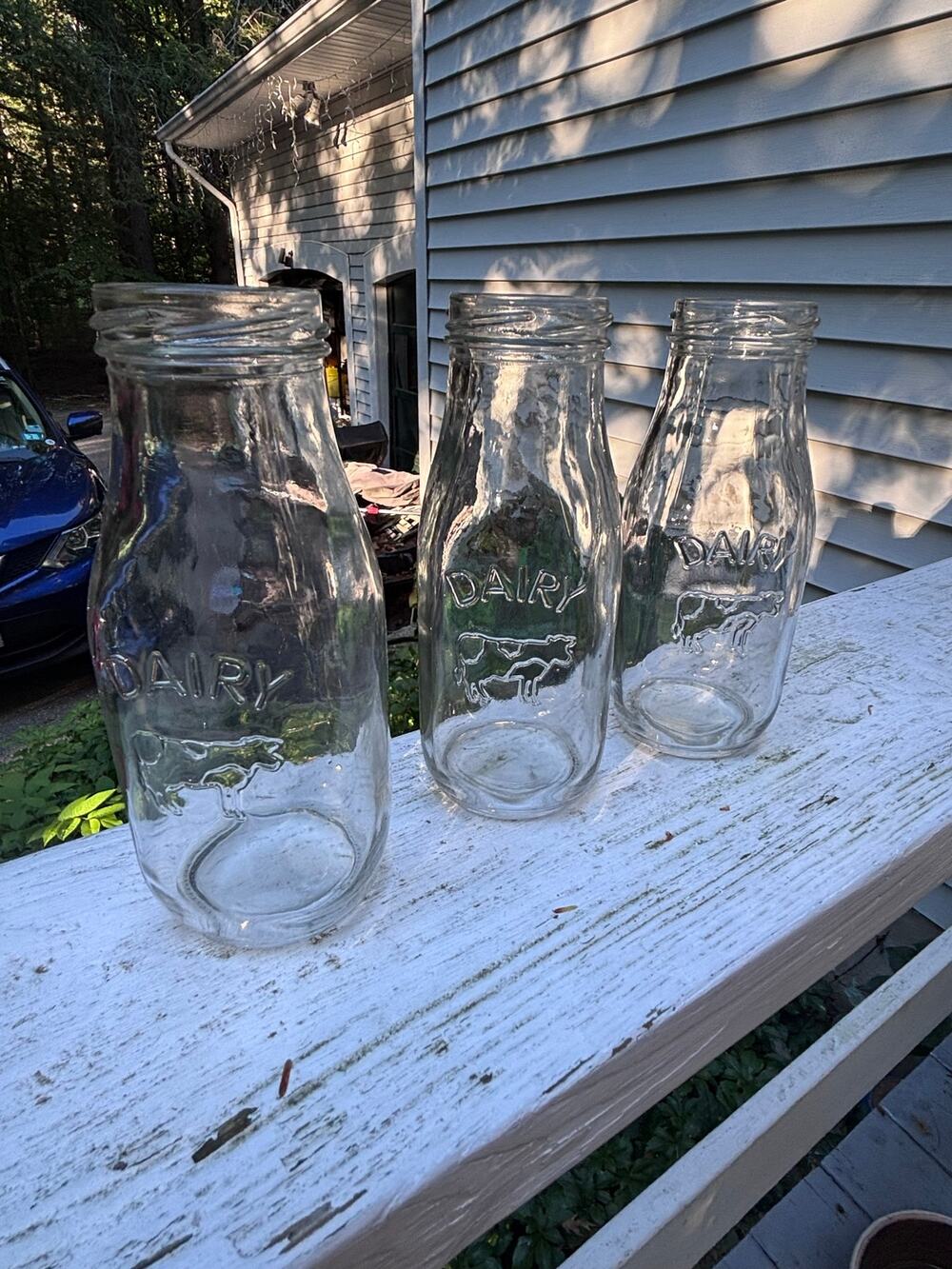 Set of 3 Vintage Glass Milk Bottles With Embossed Cow Country Farmhouse